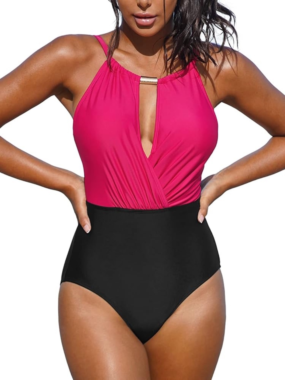 NWT- Lunabelle Two-Tone Pink and Black Halter One-Piece Swimsuit